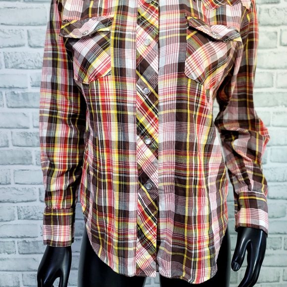 Vintage 70s 80s Kmart Womens 36 Lightweight Plaid Pearl Snap L/S Western Shirt - Picture 3 of 9